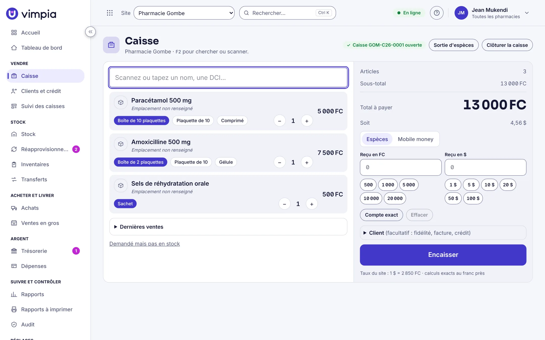 La caisse de Vimpia : trois produits au panier, total en francs et en dollars, espèces ou mobile money.