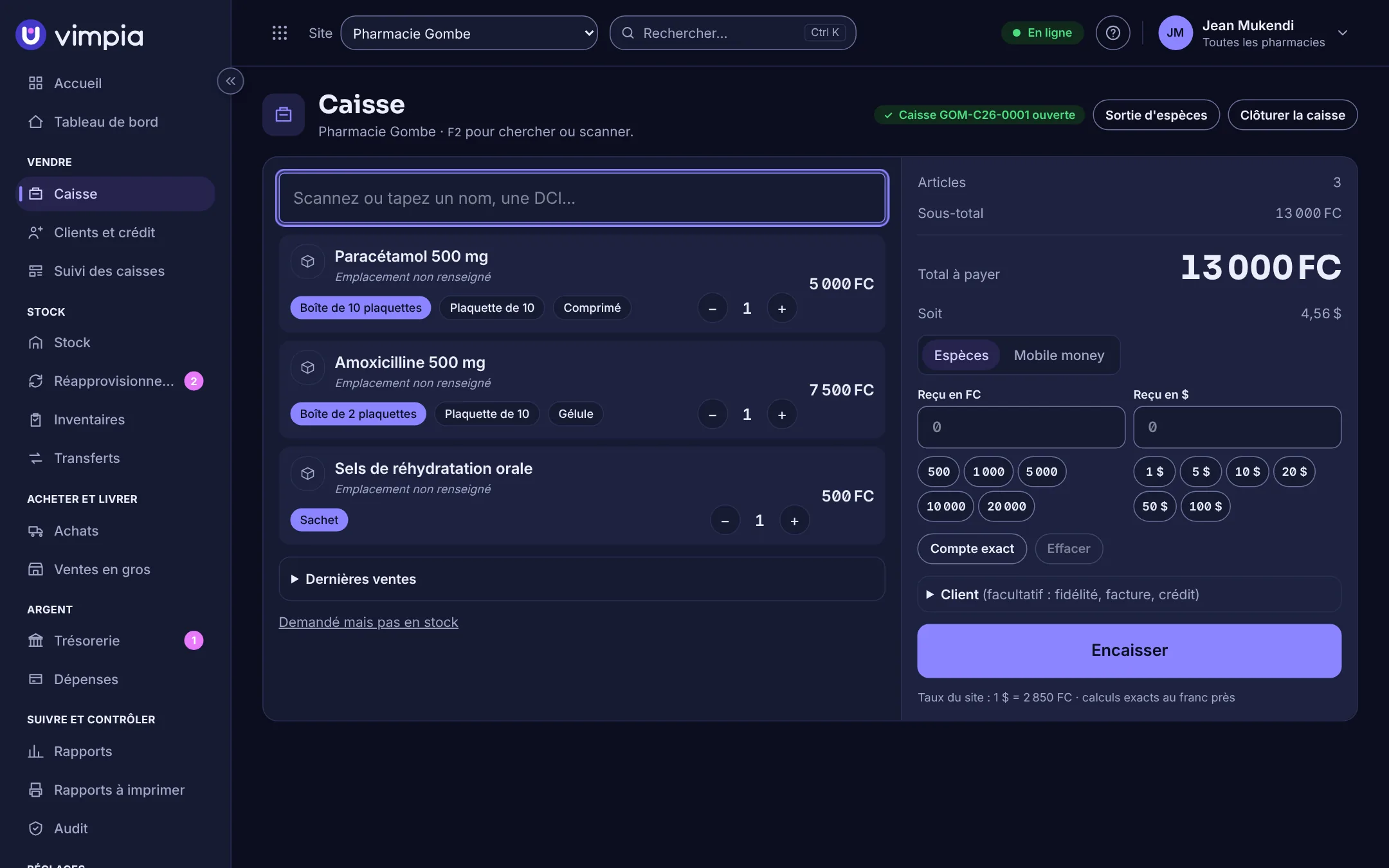 La caisse de Vimpia : trois produits au panier, total en francs et en dollars, espèces ou mobile money.