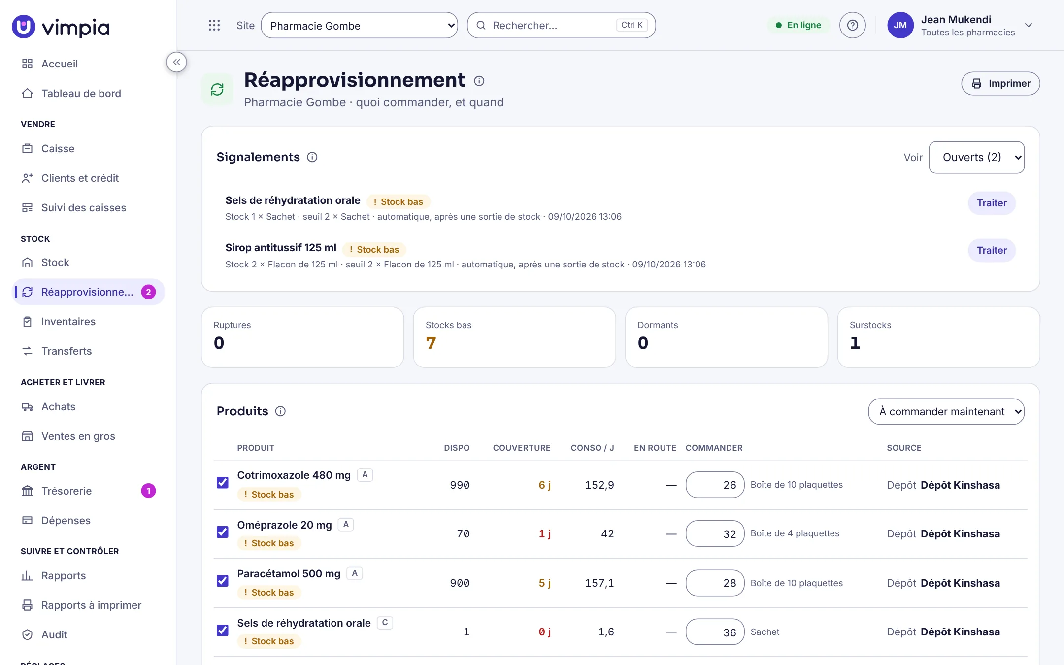 Le réapprovisionnement dans Vimpia : signalements de la caisse et produits à commander, avec la source.
