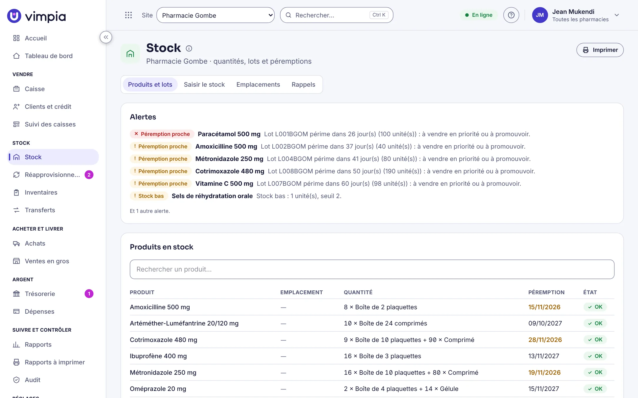 L'écran Stock de Vimpia : alertes de péremption et produits en stock, lot par lot.