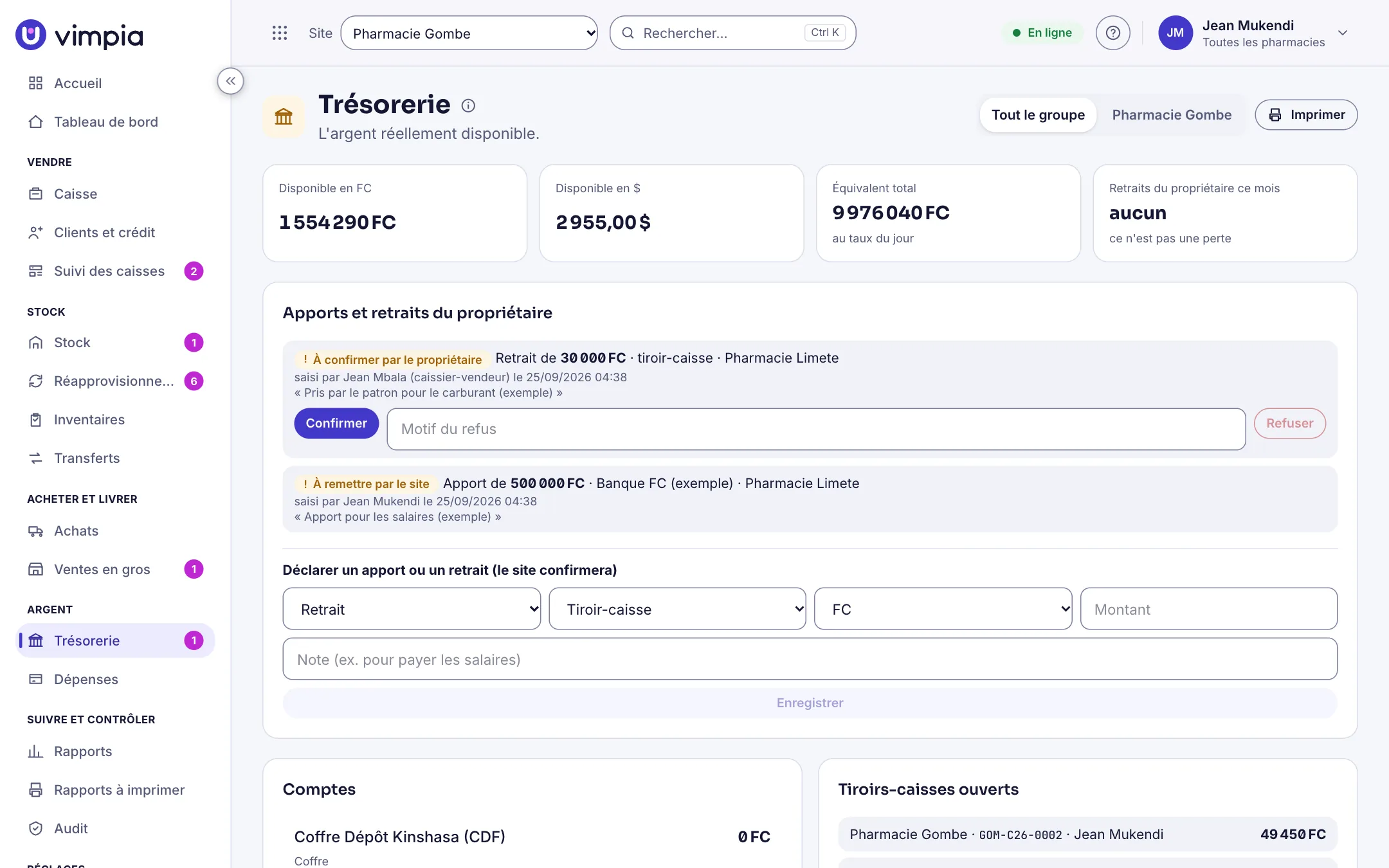 La trésorerie de Vimpia : disponible en francs et en dollars, apports et retraits du propriétaire, comptes et tiroirs-caisses.