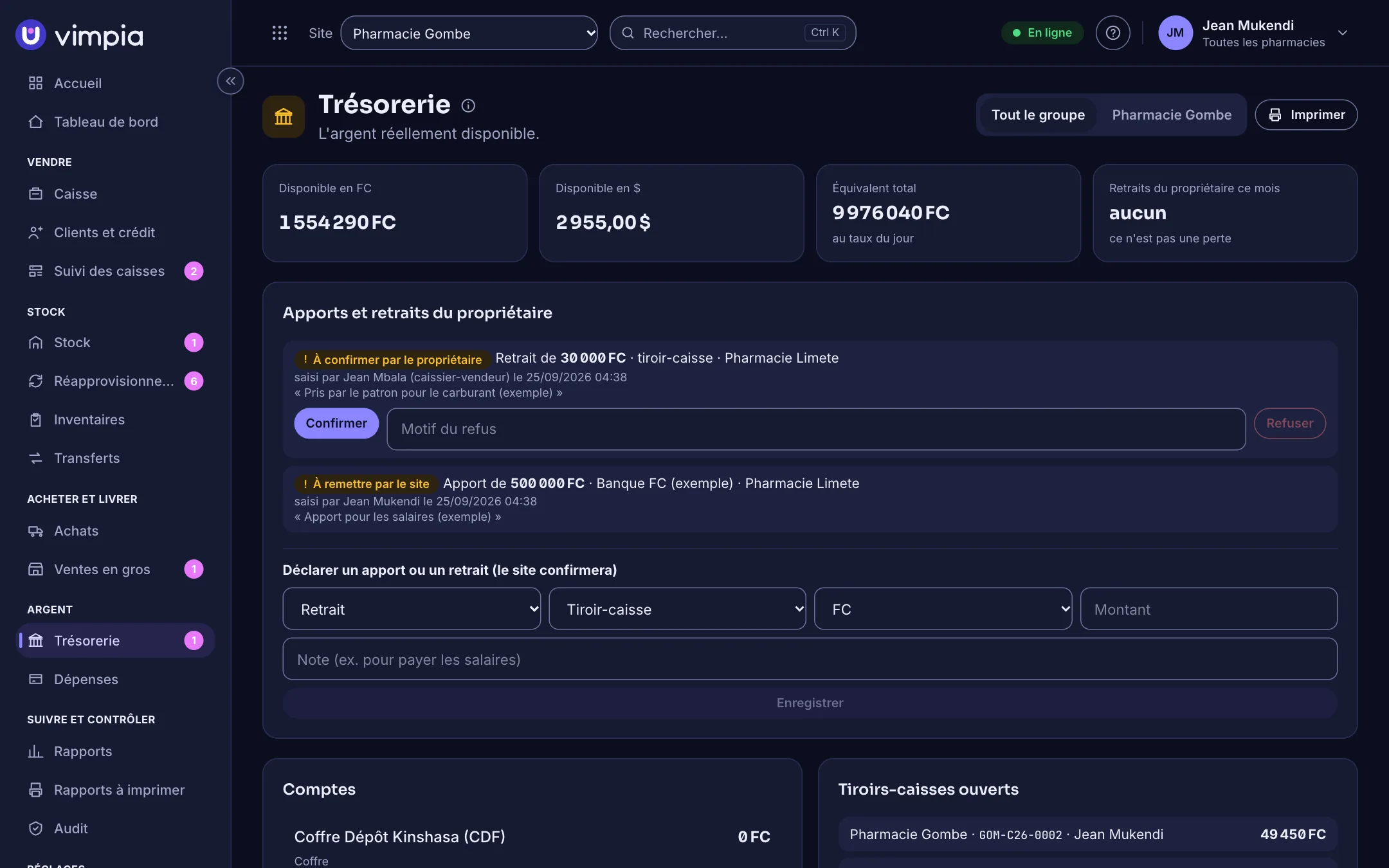 La trésorerie de Vimpia : disponible en francs et en dollars, apports et retraits du propriétaire, comptes et tiroirs-caisses.